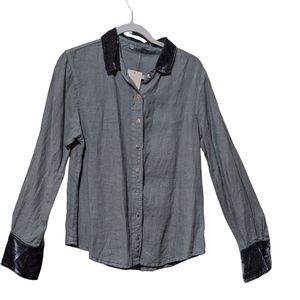 Cut Loose linen casual button front shirt velvet trim gray size small